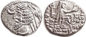R PARTHIA, Phraates IV, Drachm, Sellw.54.9, EF, centered on oval flan, a little crude of course on rev, bright lustery silver unusually good for this....