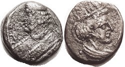 R PARTHIA, Pakoros II, Æ14 (Dichalkon), Sellw. 75.9 var?; Bust left, date at left [C?]QT/Tyche bust r; F+/AVF, centered, brown patina, obv a little ro...