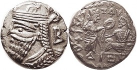 R PARTHIA, Vologases IV, Tet, Sellw 84.107; Bust l./Tyche giving wreath to std ruler; EF/VF, nrly centered, silver color with lt tone, portrait sharp,...