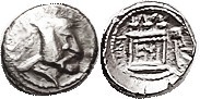 PERSIS, Vahbarz (Oborzos) Obol, c.175-150 BC, Head rt in satrapal headdress/fire altar etc, Alram 529; VF, well centered, obv somewhat crude (die matc...