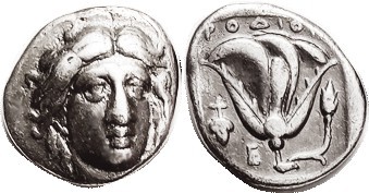 RHODES, Didrachm, c.340 BC, Helios head facg sl rt/ Rose & bud, grape bunch & E ...