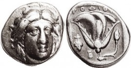 RHODES, Didrachm, c.340 BC, Helios head facg sl rt/ Rose & bud, grape bunch & E to left; VF, nrly centered, good metal with lt tone, nice bold face wi...