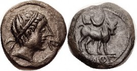 R SPAIN, CASTULO, Æ18 (Semis), 1st cent BC, Diademed head r letter in front/Bull stg r, crescent above, lgnd below; EF, nrly centered & well struck, s...