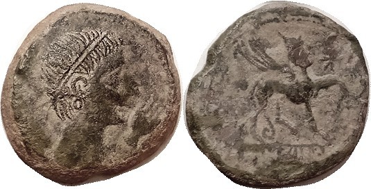 SPAIN, CASTULO, Æ31, 120-20 BC, Diademed head r, with hand/ Sphinx r, star; VF/F...