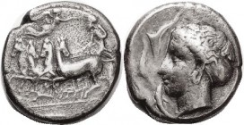 SYRACUSE, Tet, c 405-395 BC, Quadriga l, Nike above, grain leaf below/Arethusa head left, 4 dolphins around, SNG ANS 290, HGC 2, 1342; AVF/F+, obv wel...