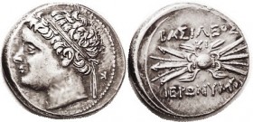 R SYRACUSE, Hieronymous, 215-214 BC, Ar 10 Litrae, Bust l., reversed K behind/ winged thunderbolt, KI above, S994; AEF, a tiny bit off-ctr but complet...