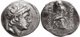 R SYRIA, Antiochos III, the Great, 223-187 BC, Tet, Diademed head r/Apollo std l, on omphalos, monogram left, S6934; VF, nrly centered, sl smoothing i...