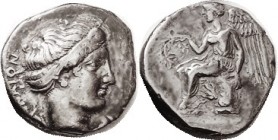 R TERINA, Stater, c. 400 BC, Nymph Terina head r/ Nike std l, hldg wreath; VF, centered on sl unround flan, sl hints of smoothing, moderately toned, p...