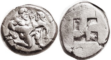 THASOS, Stater, 463-411 BC, ithyphallic Satyr carrying struggling nymph/ 4-part ...