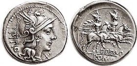 L. Sempronius Pitio, Den., Cr.216/1, Sy.402a, Roma head r/Dioscuri r, EF, sl off-ctr but complete & well struck, good metal with lt tone. (An EF with ...