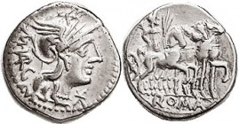 M. Vargunteius, Den., 130 BC, Cr.257/1, Sy.507, Roma head r/Jupiter in triumphal quadriga r; Choice VF, nrly centered & boldly struck, nice metal with...