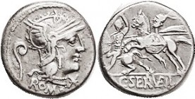 R C. Serveilius, 127 BC, Denarius, Cr.264/1, Sy.483a, Roma head r, lituus behind/ One horseman spearing another; VF, nrly centered, good bold strike, ...