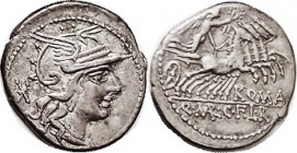 R Q. Marcius, C. Fabius & L. Roscius, Denarius, 118-117 BC, Cr.283/1a, Sy.541, Roma head r/Victory in quadriga rt; VF, just a bit off-ctr, excellent m...