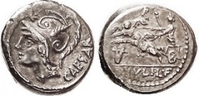 R L. Julius L.f. Caesar, Den., Cr.320/1, Sy.593, Roma head l./ Venus Genetrix in chariot drawn by 2 cupids, left; lyre below; VF, rev a touch off-ctr;...