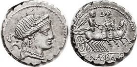 R C. Naevius Balbus, Denarius, 79 BC, Cr. 382/1b, Sy.769b, Venus head r/Victory in triga r, LXX above; serrate issue; Choice EF, practically mint stat...
