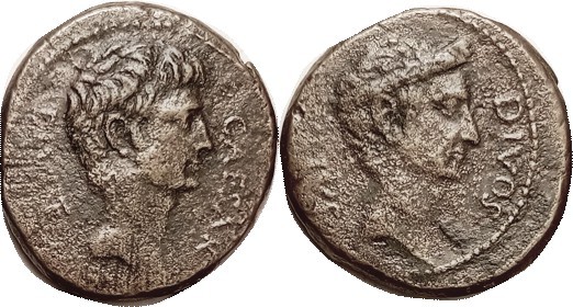 R OCTAVIAN & JULIUS CAESAR, Sest, c.38 BC, Octavian Head r/Caesar head r, Cr.535...