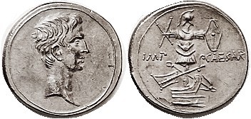 AUGUSTUS, Den., Bare head r/IMP CAESAR, trophy on prow; COPY, very fine work, lo...