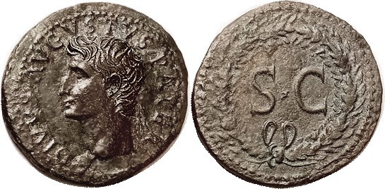 R Dupondius, Posthumous issue by Tiberius, Radiate head l./SC in oak wreath, RIC...