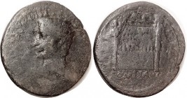 TIBERIUS, Sest (As Caesar), ROM ET AVG, Altar of Lugdunum, G/VG, greyish-brown patina, obv sl off-ctr, virtually no lgnd, portrait clear; rev a bit ro...