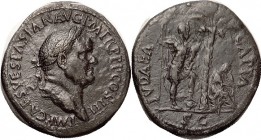 R VESPASIAN, Sest., IVDAEA CAPTA, Palm betw soldier stg, foot on helmet, & weeping Jewess; RIC 427; VF, well centered, full clear lgnds, dark brown pa...