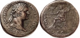 DOMITIAN, Sest, IOVI VICTORI, Jupiter std l, VF/AVF, a touch off-ctr, lgnds at right wk on obv & missing on rev; brown patina, sl surface quibbles mai...