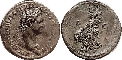 R DOMITIAN, As, Bust rt w/aegis/SC, Victory adv l, hldg shield inscr SPQR; AEF, ...