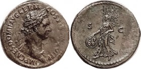 R DOMITIAN, As, Bust rt w/aegis/SC, Victory adv l, hldg shield inscr SPQR; AEF, nrly centered, obv lgnd wk at rt, olive-brown patina, shallow depressi...