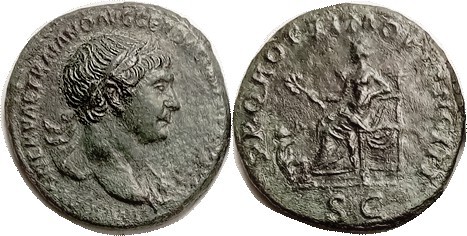 R TRAJAN, As, SPQR OPTIMO PRINCIPI, Pax std l, kneeling Dacian at feet pleading ...