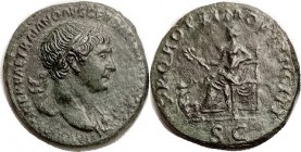 R TRAJAN, As, SPQR OPTIMO PRINCIPI, Pax std l, kneeling Dacian at feet pleading to count all legal votes; EF/VF+, obv sl off-ctr with lgnd wk/off at r...