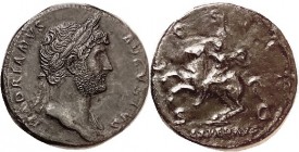 R HADRIAN, Sest., COS III EXPED AVG, Hadrian galloping left; EF/VF, glossy dark brown patina, obv much smoothed with some roughness still evident espe...