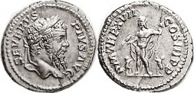 SEPTIMIUS SEVERUS, Den, PM TRP XVII COS III PP, Jupiter stg betw 2 sidekicks; EF/VF-EF, centered on a full flan, pretty good strike with obv particula...
