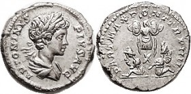 R CARACALLA, Den, PART MAX PONT TRP IIII, 2 captives beneath trophy; Virtually mint state, well centered on a sl ragged flan, minor rev lgnd crudeness...