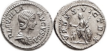 R PLAUTILLA, Den, VENVS VICTRIX, Venus stg l, with cupid, wolf & twins on her sh...