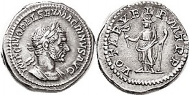 MACRINUS, Den, VOTA PVBL PM TRP, Felicitas hldg caduceus (looks more like a flag on this coin); Choice AEF, very boldly struck, excellent metal with a...