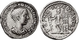 DIADUMENIAN, Den, PRINC IVVENTVTIS, Diad & 3 standards; COPY, struck in silver, by Slavei, his usual excellent workmanship; choice EF+ with lt tone.
