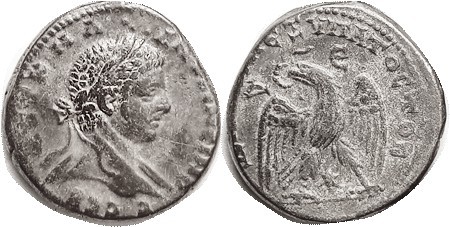 ELAGABALUS, Antioch, Tet., Rev Eagle facg, hd l., Delta-E, star betw legs; F-VF/...