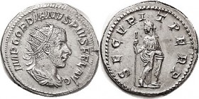 R GORDIAN III, Ant, SECVRIT PERP, Securitas stg l, at column, AEF, well centered on large flan, bright silver, rev much more strongly struck than usua...