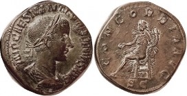 R GORDIAN III, Sest, CONCORDIA AVG, Concord std l; Choice VF+, nrly centered, sl obv lgnd crudeness, otherwise quite bold, brown & green patina, good ...
