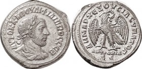 PHILIP I, Antioch, Tet, Eagle facg, head rt, ANTIOXIA SC below; EF, centered & well struck with full strong lgnds; sl granular but bright lustrous met...
