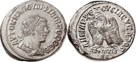PHILIP II, As Augustus, Antioch Tet., Radiate head r/ Eagle stg l, ANTIOXIA SC below; VF+, centered & well struck, ltly toned silver, sl touch of poro...