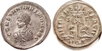 R CONSTANTINE II, Æ3, Bust l./VIRTVS EXERCIT, Standard inscr VOT X betw captives...