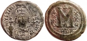 JUSTINIAN I, Follis, S221, Facg bust/THuP-XXu-A; F, large 38 mm flan, olive-green patina with sl hilighting, weak at obv upper right edge & lower part...