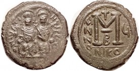 JUSTIN II, Follis, S369, NIKO-u-B, VF, centered, olive-brown patina, minor touch of wkness at lower edge, unusually strong detail on figures. (An F-VF...