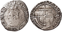 Elizabeth I, Ar Penny, S2580, Bust l./shield, mintmk bell, 1582-83; Decent F, sl off-ctr, a good part of lgnds off or crude, good metal with blue-grey...