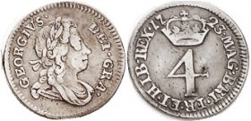 George I, Fourpence, 1723, F-VF, sm dent on rev & sl bend, still a decent bold coin with lt tone. (A VF sold for $146, Teutoburger 2/18.)