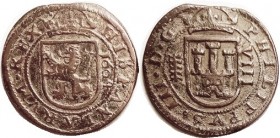 Philip III, Æ 8 Maravedis, 1604, Segovia, Crown over Lion in shield/crown over castle in shield, 28 mm; Nice VF, smooth olive-brown, sl straight-clip-...