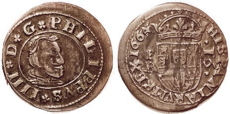 Philip IV, 16 Maravedis, 1664 Segovia-B, as last, 26 mm, Choice VF, sl off-ctr, ...