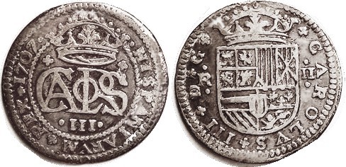 Carlos III, Pretender, 2 Reales, 1707, crowned monogram/crowned shield, Barcelon...