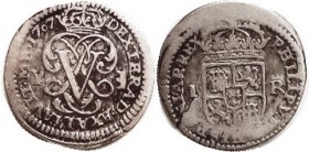 Philip V, Real, 1707 Segovia-Y, PV Monogram/arms, overall F, uneven, flan crack, somewhat ill struck; ltly toned. (Same variety, VF, brought $251, Peu...