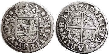 Philip V, Real, 1740 Seville-PJ, Arms/lions & castles, F, very sl crudeness. Sca...